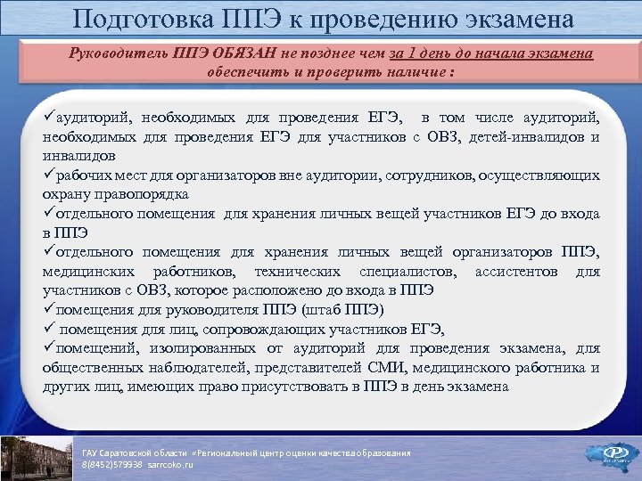 Подготовка ППЭ к проведению экзамена Руководитель ППЭ ОБЯЗАН не позднее чем за 1 день
