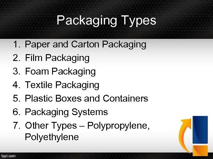 Packaging Types 1. 2. 3. 4. 5. 6. 7. Paper and Carton Packaging Film
