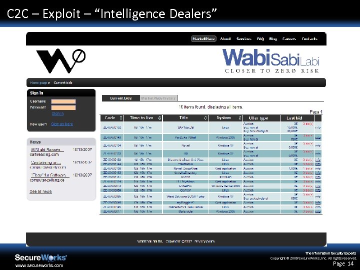 C 2 C – Exploit – “Intelligence Dealers” The Information Security Experts Copyright ©