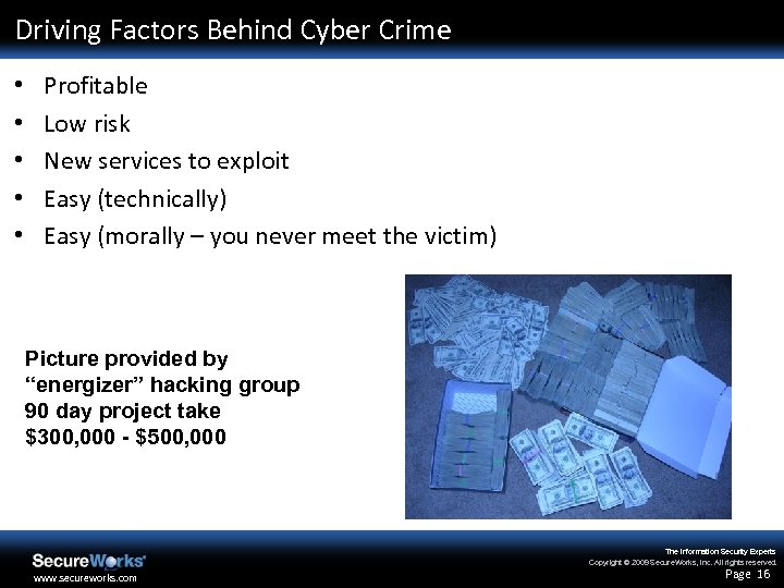 Driving Factors Behind Cyber Crime • • • Profitable Low risk New services to