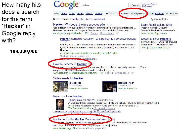 How many hits does a search for the term 'Hacker' in Google reply with?