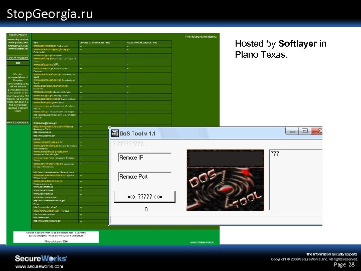 Stop. Georgia. ru Hosted by Softlayer in Plano Texas. The Information Security Experts Copyright