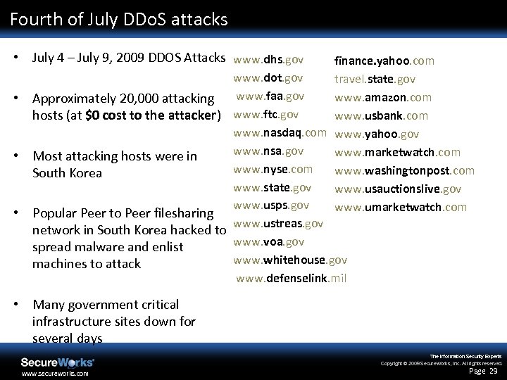 Fourth of July DDo. S attacks • July 4 – July 9, 2009 DDOS