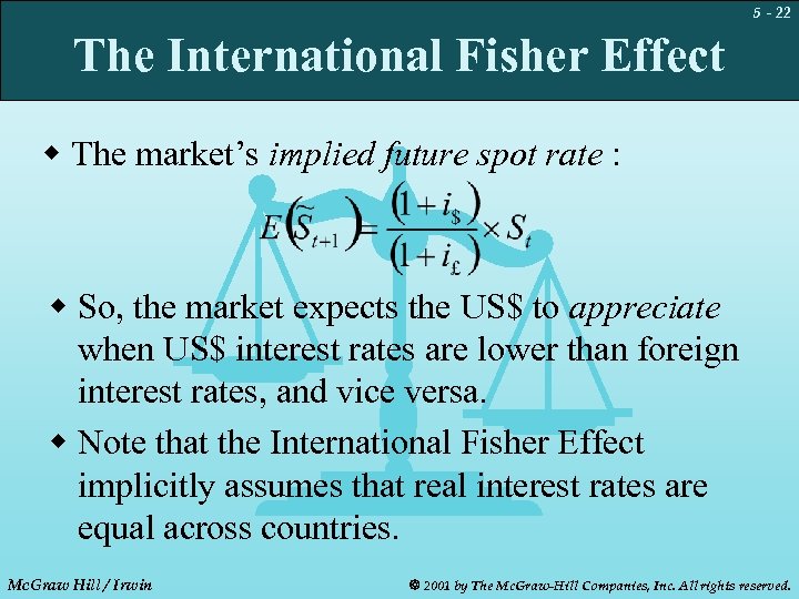 5 - 22 The International Fisher Effect w The market’s implied future spot rate