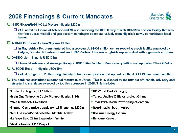 2008 Financings & Current Mandates q NNPC/Exxon. Mobil NGL 2 Project- Nigeria-$220 m q