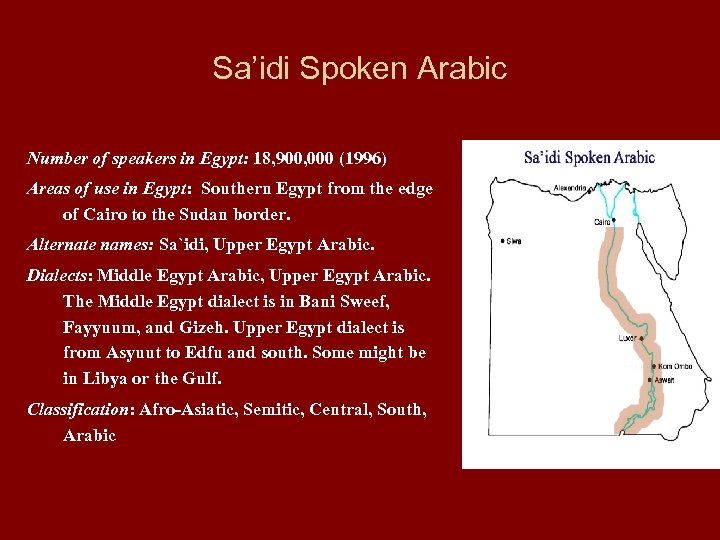 Sa’idi Spoken Arabic Number of speakers in Egypt: 18, 900, 000 (1996) Areas of