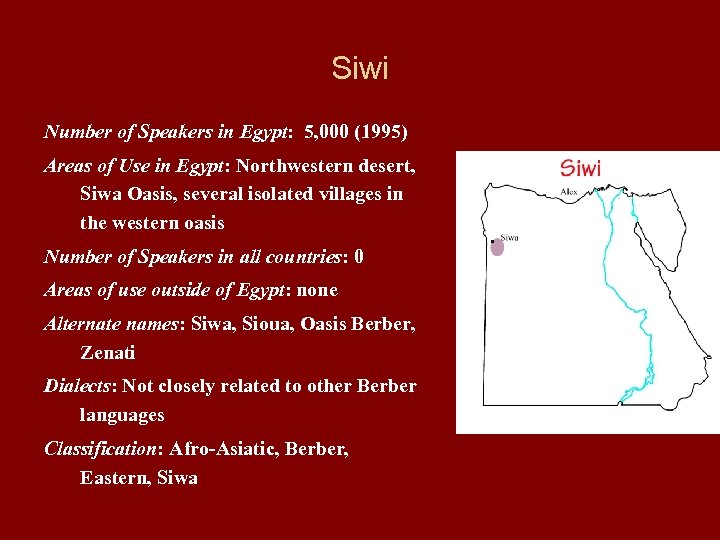 Siwi Number of Speakers in Egypt: 5, 000 (1995) Areas of Use in Egypt:
