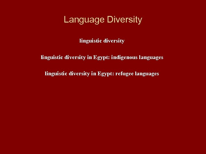 Language Diversity linguistic diversity in Egypt: indigenous languages linguistic diversity in Egypt: refugee languages