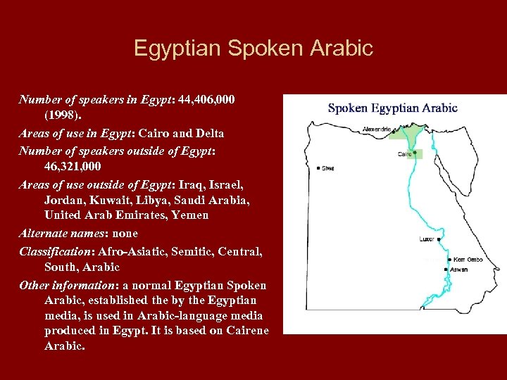Egyptian Spoken Arabic Number of speakers in Egypt: 44, 406, 000 (1998). Areas of