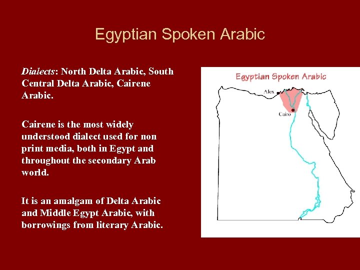Egyptian Spoken Arabic Dialects: North Delta Arabic, South Central Delta Arabic, Cairene Arabic. Cairene