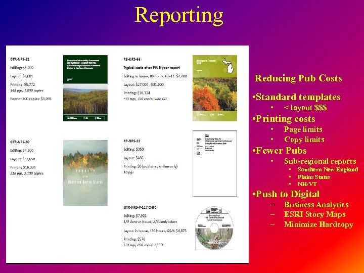 Reporting Reducing Pub Costs • Standard templates • < layout $$$ • Printing costs