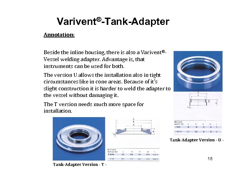 Varivent®-Tank-Adapter Annotation: Beside the inline housing, there is also a Varivent®Vessel welding adapter. Advantage