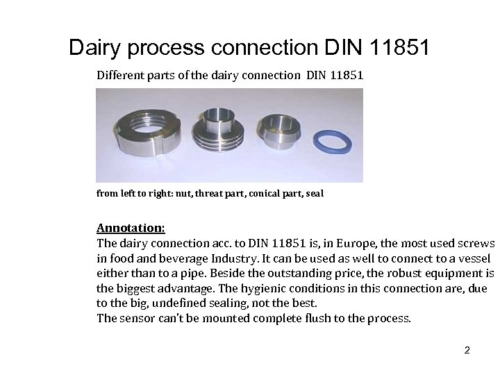 Dairy process connection DIN 11851 Different parts of the dairy connection DIN 11851 from