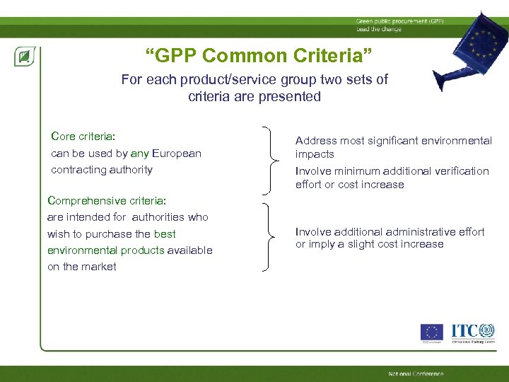 “GPP Common Criteria” For each product/service group two sets of criteria are presented Core