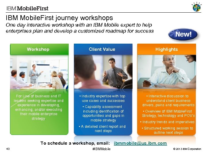 IBM Mobile. First journey workshops One day interactive workshop with an IBM Mobile expert