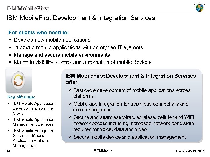IBM Mobile. First Development & Integration Services For clients who need to: Develop new