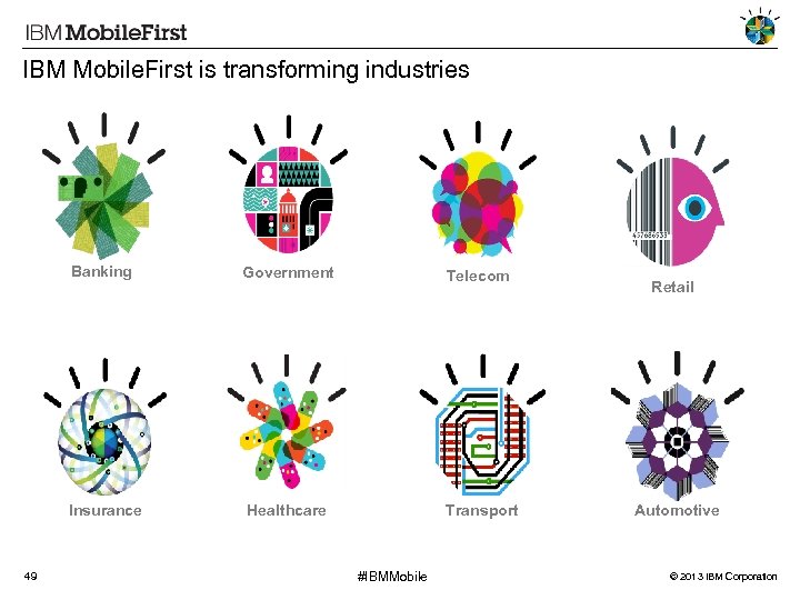 IBM Mobile. First is transforming industries Banking Telecom Insurance 49 Government Healthcare Transport #IBMMobile