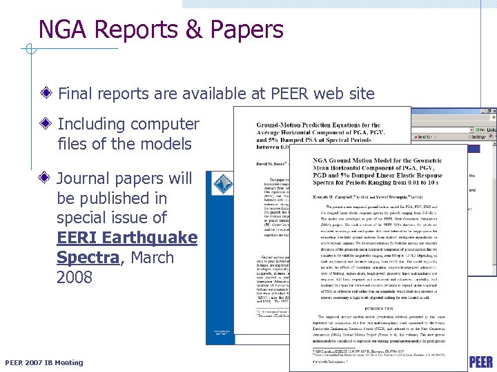 NGA Reports & Papers Final reports are available at PEER web site Including computer