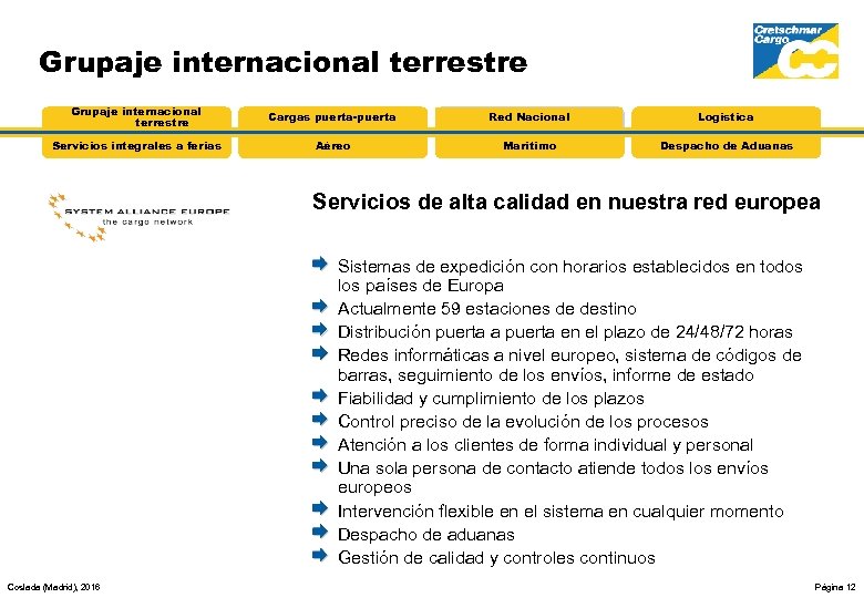 Grupaje internacional terrestre Cargas puerta-puerta Red Nacional Logística Servicios integrales a ferias Aéreo Marítimo