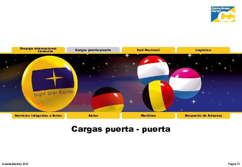 Grupaje internacional terrestre Cargas puerta-puerta Red Nacional Logística Servicios integrales a ferias Aéreo Marítimo