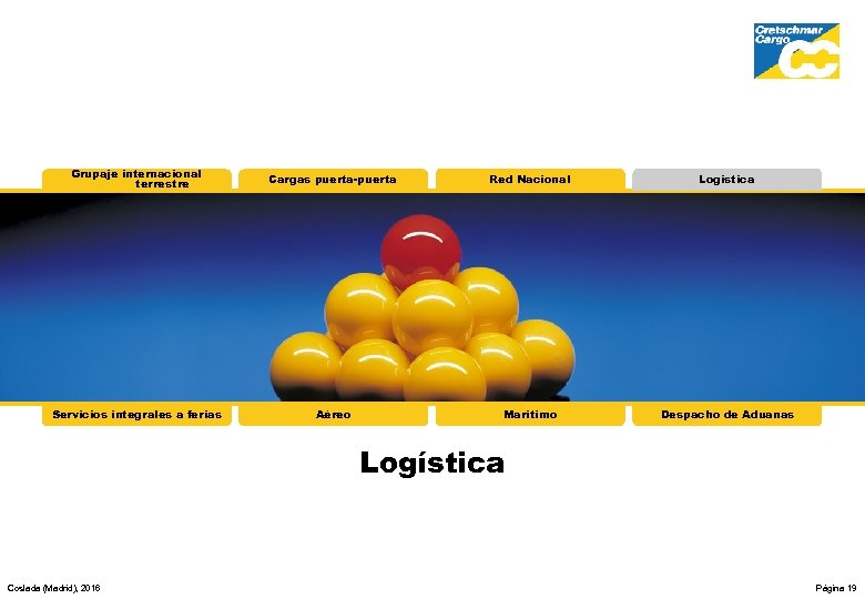 Grupaje internacional terrestre Cargas puerta-puerta Red Nacional Logística Servicios integrales a ferias Aéreo Marítimo