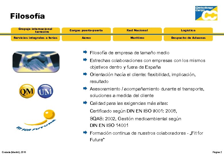 Filosofía Grupaje internacional terrestre Cargas puerta-puerta Red Nacional Logística Servicios integrales a ferias Aéreo