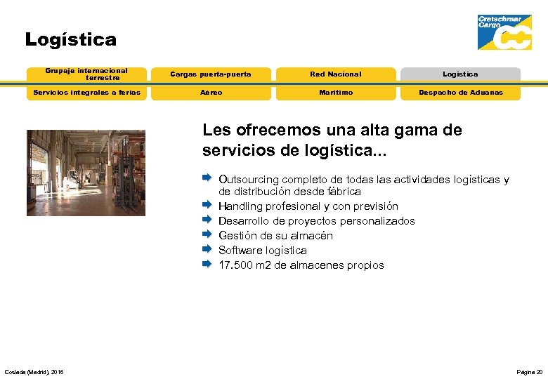 Logística Grupaje internacional terrestre Cargas puerta-puerta Red Nacional Logística Servicios integrales a ferias Aéreo