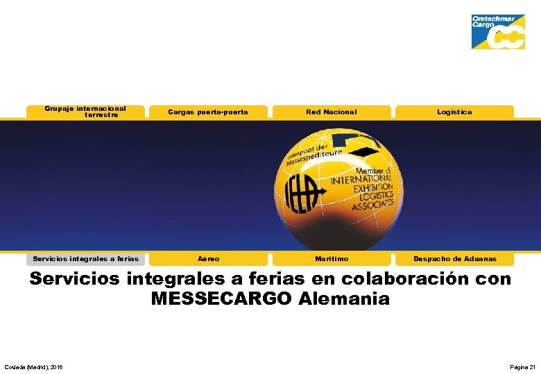 Grupaje internacional terrestre Cargas puerta-puerta Red Nacional Logística Servicios integrales a ferias Aéreo Marítimo