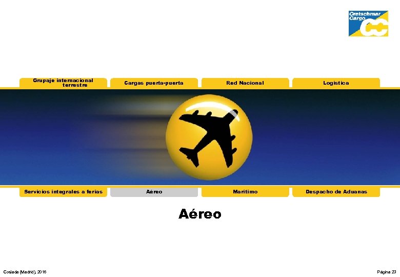 Grupaje internacional terrestre Cargas puerta-puerta Red Nacional Logística Servicios integrales a ferias Aéreo Marítimo