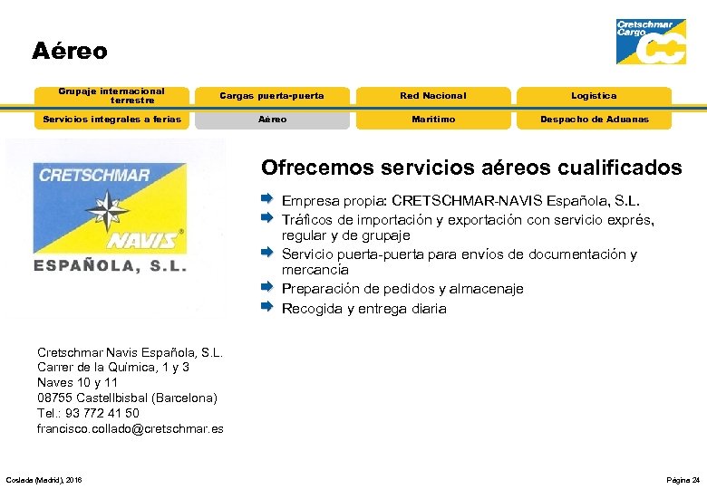 Aéreo Grupaje internacional terrestre Cargas puerta-puerta Red Nacional Logística Servicios integrales a ferias Aéreo