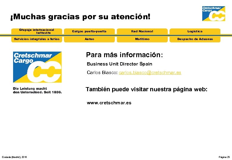 ¡Muchas gracias por su atención! Grupaje internacional terrestre Cargas puerta-puerta Red Nacional Logística Servicios