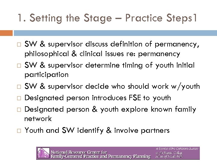 1. Setting the Stage – Practice Steps 1 SW & supervisor discuss definition of