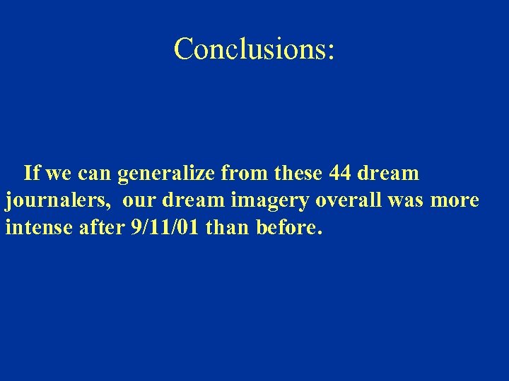 Conclusions: If we can generalize from these 44 dream journalers, our dream imagery overall