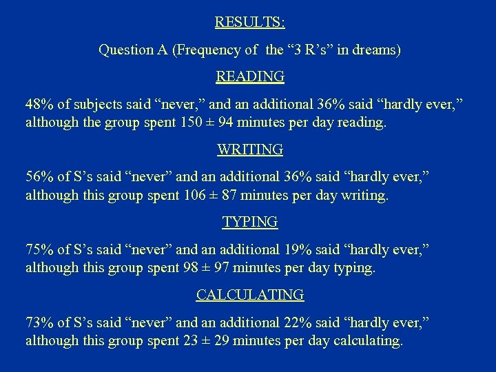 RESULTS: Question A (Frequency of the “ 3 R’s” in dreams) READING 48% of