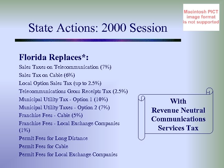 State Actions: 2000 Session Florida Replaces*: Sales Taxes on Telecommunication (7%) Sales Tax on