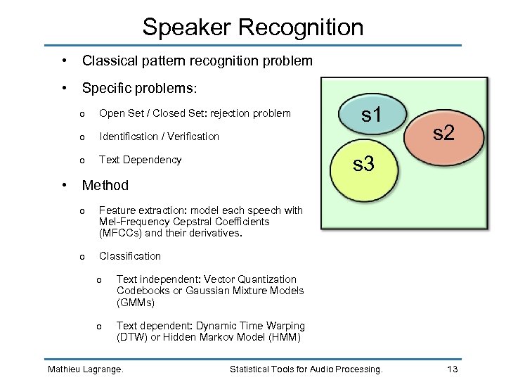 Speaker Recognition • Classical pattern recognition problem • Specific problems: o o Text Dependency