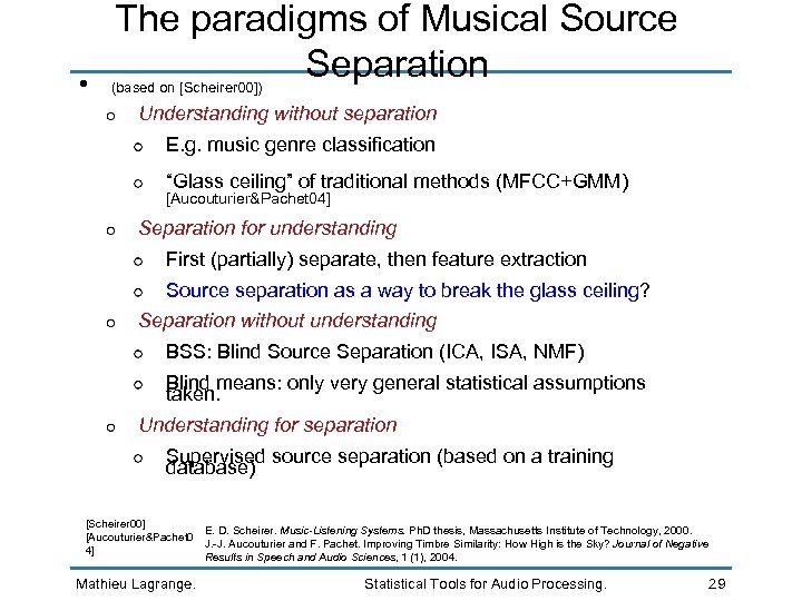  • The paradigms of Musical Source Separation (based on [Scheirer 00]) Understanding without