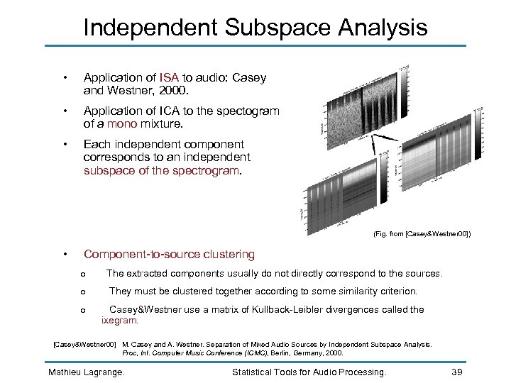Independent Subspace Analysis • Application of ISA to audio: Casey and Westner, 2000. •