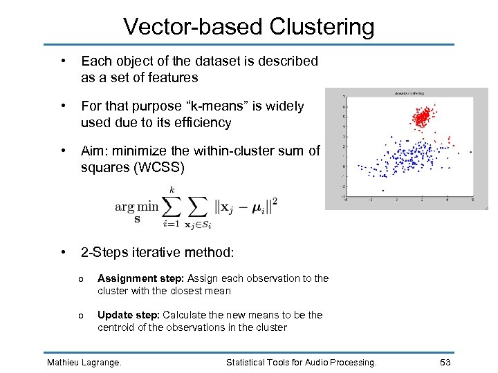 Vector-based Clustering • Each object of the dataset is described as a set of