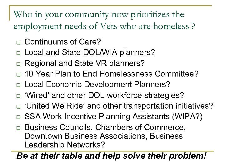 Who in your community now prioritizes the employment needs of Vets who are homeless