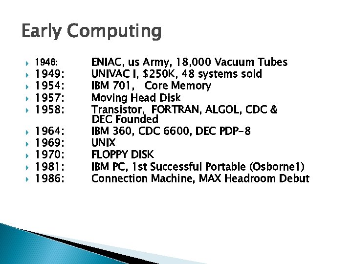 Early Computing 1946: 1949: 1954: 1957: 1958: 1964: 1969: 1970: 1981: 1986: ENIAC, us