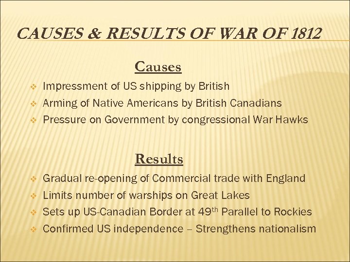 CAUSES & RESULTS OF WAR OF 1812 Causes v v v Impressment of US