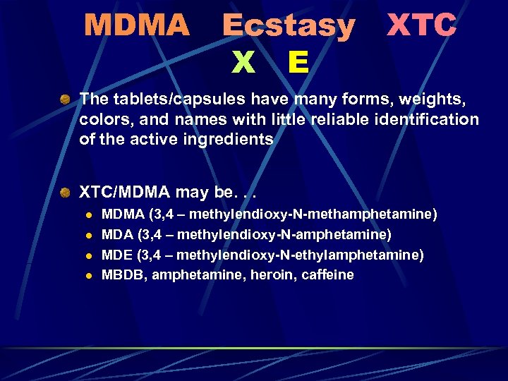 MDMA Ecstasy X E XTC The tablets/capsules have many forms, weights, colors, and names