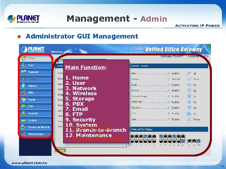 Management - Admin l Administrator GUI Management Main Function: 1. Home 2. User 3.