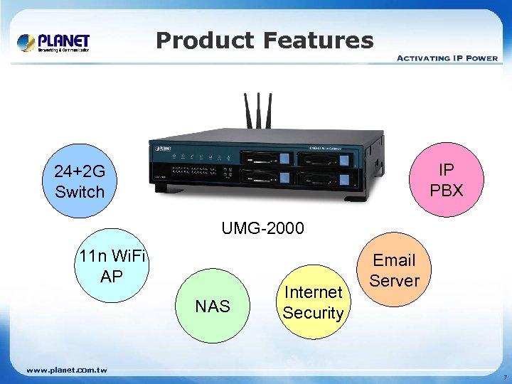 Product Features IP PBX 24+2 G Switch UMG-2000 11 n Wi. Fi AP NAS