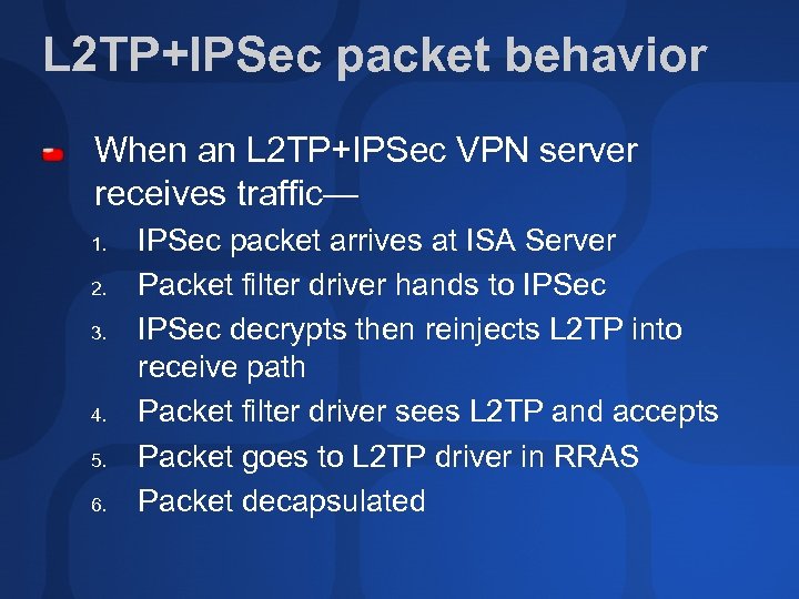 L 2 TP+IPSec packet behavior When an L 2 TP+IPSec VPN server receives traffic—