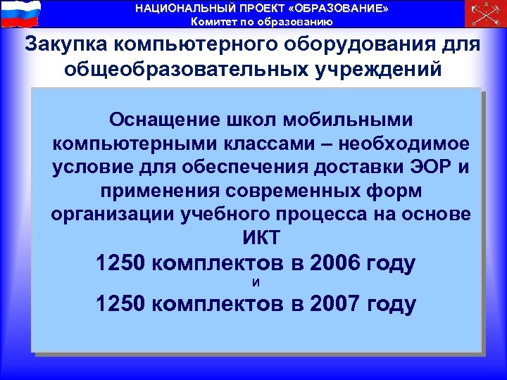 НАЦИОНАЛЬНЫЙ ПРОЕКТ «ОБРАЗОВАНИЕ» Комитет по образованию Закупка компьютерного оборудования для общеобразовательных учреждений Оснащение школ