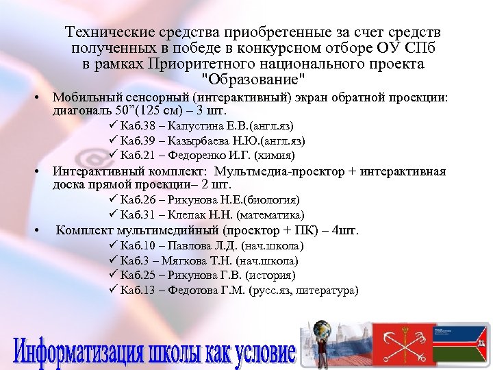 Технические средства приобретенные за счет средств полученных в победе в конкурсном отборе ОУ СПб
