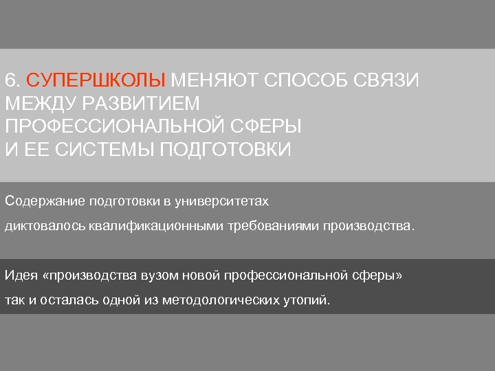 6. СУПЕРШКОЛЫ МЕНЯЮТ СПОСОБ СВЯЗИ МЕЖДУ РАЗВИТИЕМ ПРОФЕССИОНАЛЬНОЙ СФЕРЫ И ЕЕ СИСТЕМЫ ПОДГОТОВКИ Содержание