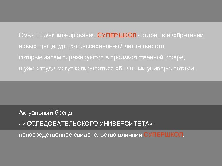 Смысл функционирования СУПЕРШКОЛ состоит в изобретении новых процедур профессиональной деятельности, которые затем тиражируются в